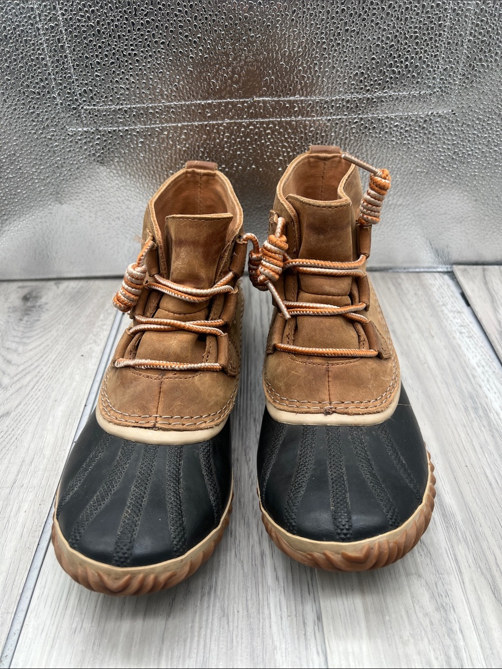 Sorel Women’s 9.5 Leather Waterproof Duck Boots Lace Up Ankle Natural Rubber